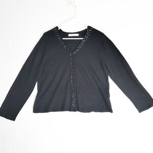 Carte by Mario Solid Black sweater cardigan with sequin trim Korean Womens L Vtg